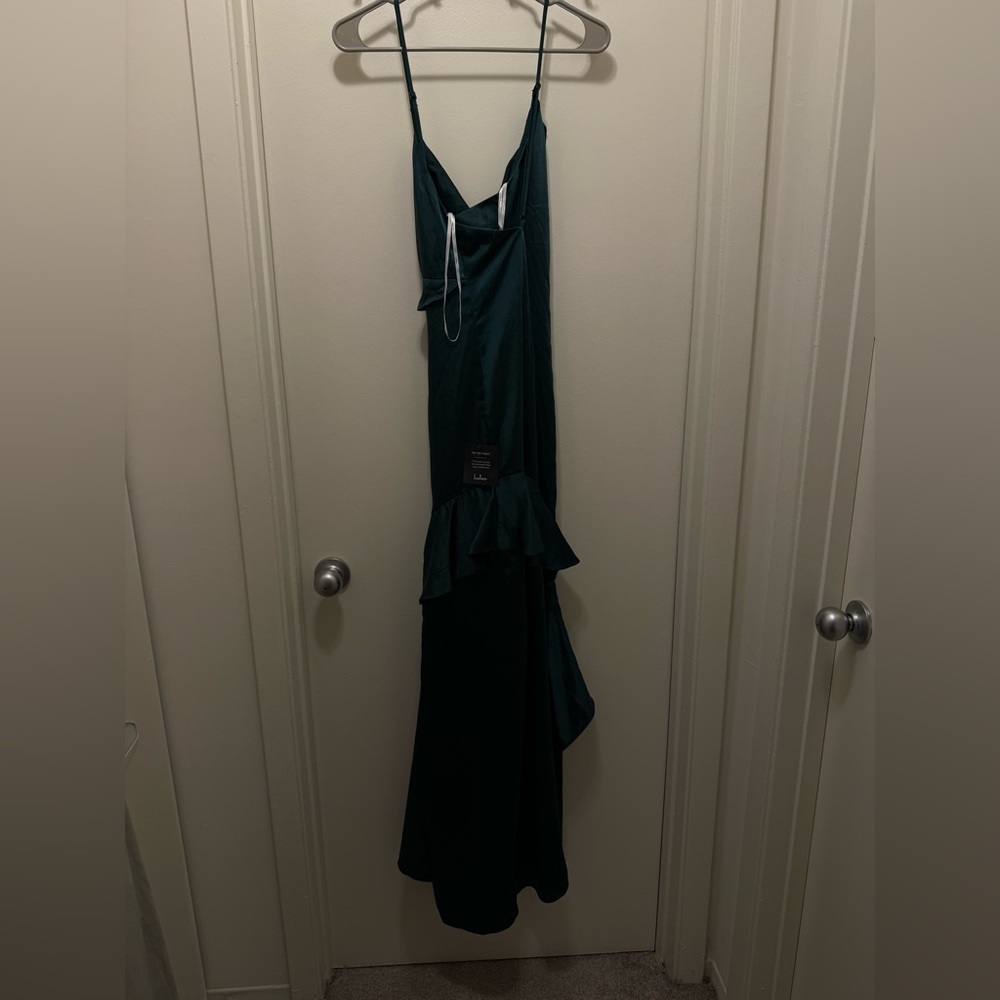 SOLD OUT Lucky Lady Hunter Green Satin Ruffled Maxi Dress - Picture 11 of 12